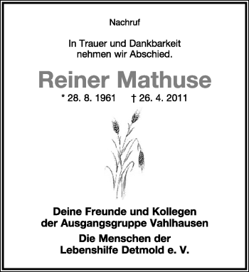 Anzeige  Reiner Mathuse  Lippische Landes-Zeitung