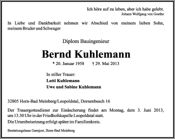 Anzeige  Bernd Kuhlemann  Lippische Landes-Zeitung
