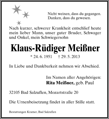 Anzeige  Klaus-Rüdiger Meißner  Lippische Landes-Zeitung