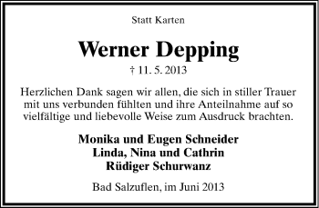 Anzeige  Werner Depping  Lippische Landes-Zeitung