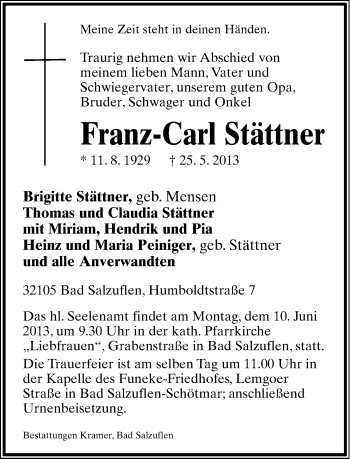 Anzeige  Franz-Carl Stättner  Lippische Landes-Zeitung
