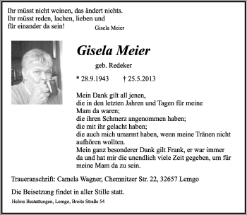 Anzeige  Gisela Meier  Lippische Landes-Zeitung