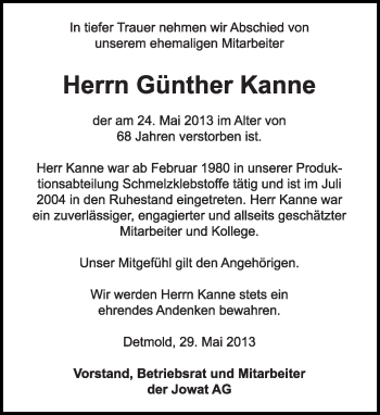 Anzeige  Günther Kanne  Lippische Landes-Zeitung