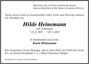 Anzeige  Hilde Heinemann  Lippische Landes-Zeitung
