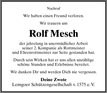 Anzeige  Rolf Mesch  Lippische Landes-Zeitung