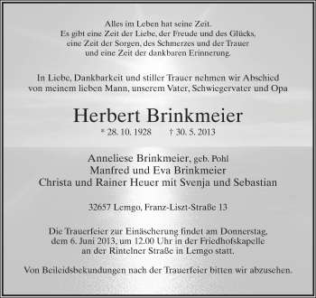 Anzeige  Herbert Brinkmeier  Lippische Landes-Zeitung