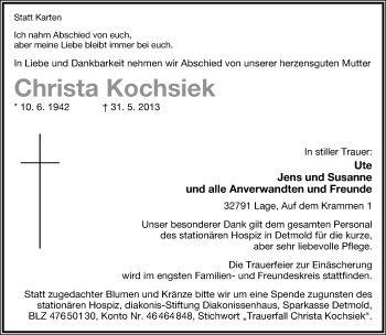 Anzeige  Christa Kochsiek  Lippische Landes-Zeitung