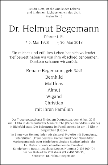Anzeige  Helmut Begeman  Lippische Landes-Zeitung