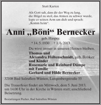 Anzeige  Anni Bernecker  Lippische Landes-Zeitung