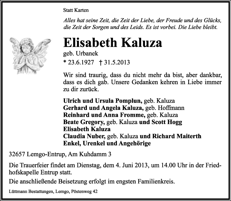  Traueranzeige für Elisabeth Kaluza vom 03.06.2013 aus Lippische Landes-Zeitung