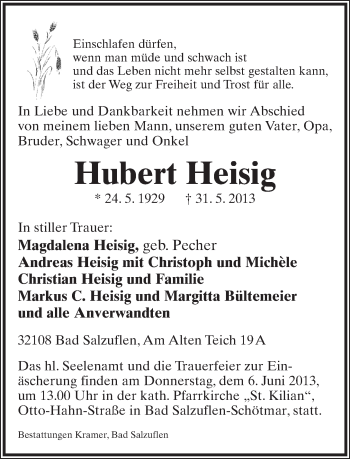 Anzeige  Hubert Heisig  Lippische Landes-Zeitung