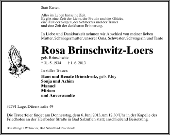 Anzeige  Rosa Brinschwitz-Loers  Lippische Landes-Zeitung