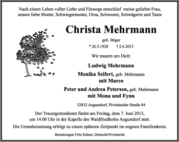 Anzeige  Christa Mehrmann  Lippische Landes-Zeitung