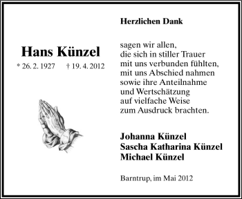 Anzeige  Hans Künzel  Lippische Landes-Zeitung