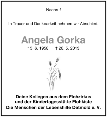 Anzeige  Angela Gorka  Lippische Landes-Zeitung