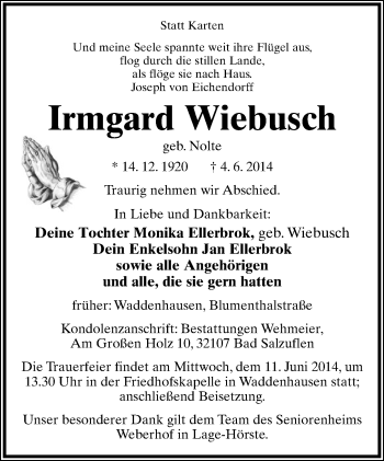 Anzeige  Irmgard Wiebusch  Lippische Landes-Zeitung
