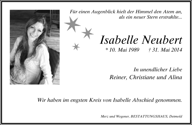  Traueranzeige für Isabelle Neubert vom 07.06.2014 aus Lippische Landes-Zeitung