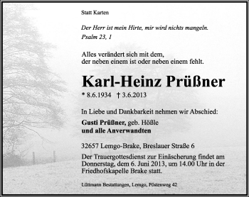 Anzeige  Karl-Heinz Prüßner  Lippische Landes-Zeitung
