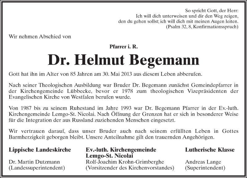  Traueranzeige für Helmut Begemann vom 04.06.2013 aus Lippische Landes-Zeitung