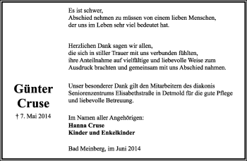 Anzeige  Günter Cruse  Lippische Landes-Zeitung
