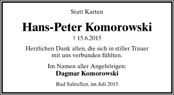 Anzeige  Hans-Peter Komorowski  Lippische Landes-Zeitung