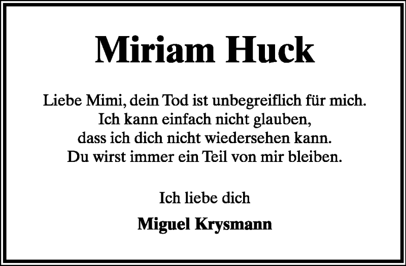  Traueranzeige für Miriam Huck vom 07.05.2011 aus Lippische Landes-Zeitung