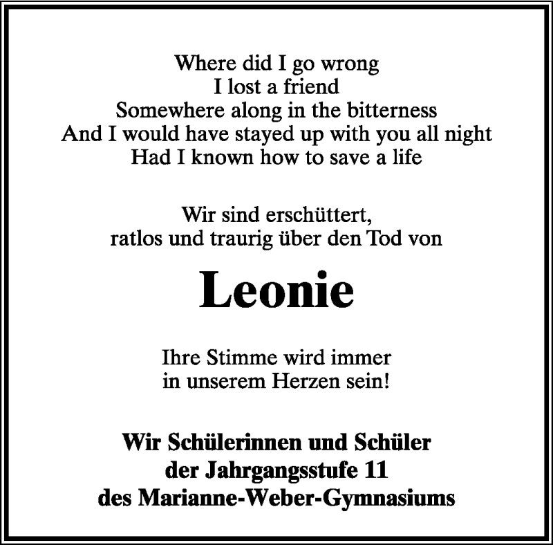  Traueranzeige für Leonie Stracke vom 07.05.2011 aus Lippische Landes-Zeitung