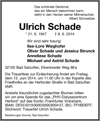 Anzeige  Ulrich Schade  Lippische Landes-Zeitung