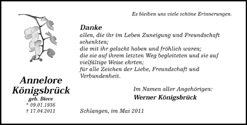  Traueranzeige für Annelore Königsbrück vom 07.05.2011 aus Lippische Landes-Zeitung