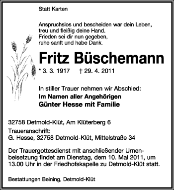 Anzeige  Fritz Büschemann  Lippische Landes-Zeitung