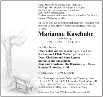 Anzeige  Marianne Kaschube  Lippische Landes-Zeitung