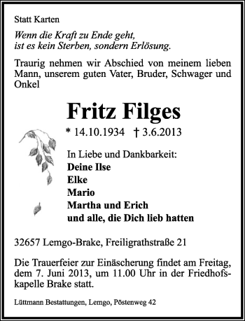 Anzeige  Fritz Filges  Lippische Landes-Zeitung