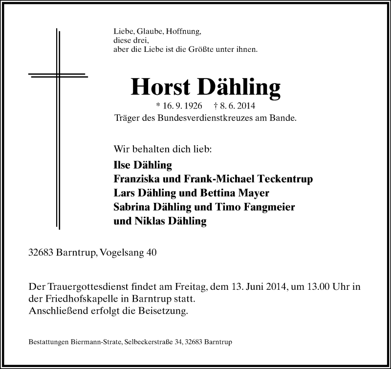 Traueranzeige für Horst Dähling vom 11.06.2014 aus Lippische Landes-Zeitung