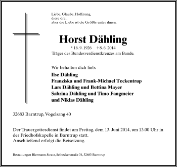 Anzeige  Horst Dähling  Lippische Landes-Zeitung