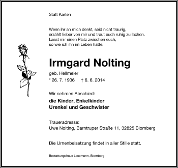 Anzeige  Irmgard Nolting  Lippische Landes-Zeitung