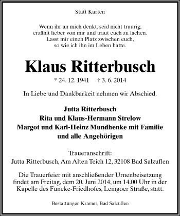 Anzeige  Klaus Ritterbusch  Lippische Landes-Zeitung