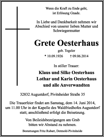 Anzeige  Grete Oesterhaus  Lippische Landes-Zeitung