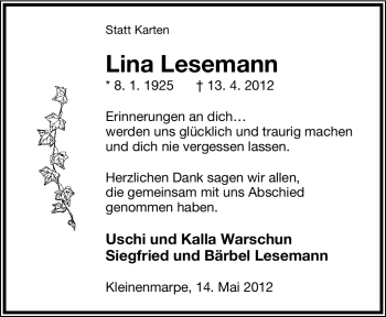 Anzeige  Lina Lesemann  Lippische Landes-Zeitung