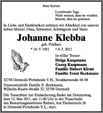 Anzeige  Johanne Klebba  Lippische Landes-Zeitung