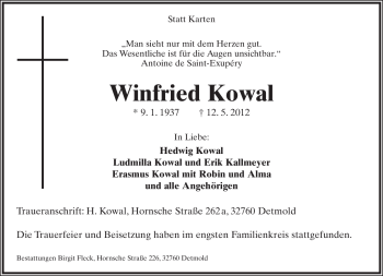 Anzeige  Winfried Kowal  Lippische Landes-Zeitung