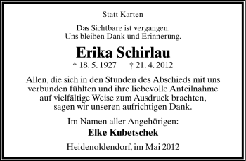 Anzeige  Erika Schirlau  Lippische Landes-Zeitung