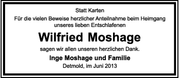 Anzeige  Wilfried Moshage  Lippische Landes-Zeitung