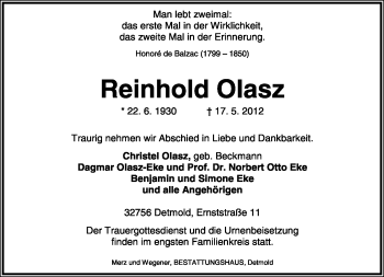 Anzeige  Reinhold Olasz  Lippische Landes-Zeitung