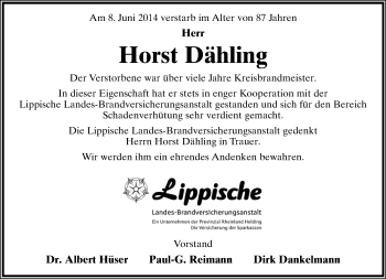Anzeige  Horst Dähling  Lippische Landes-Zeitung