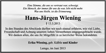 Anzeige  Hans-Jürgen Wiening  Lippische Landes-Zeitung
