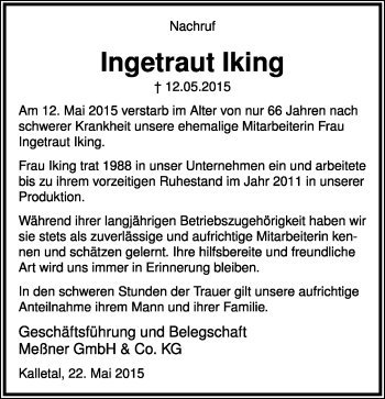 Anzeige  Ingetraut Iking  Lippische Landes-Zeitung