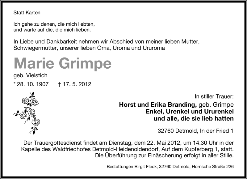  Traueranzeige für Marie Grimpe vom 19.05.2012 aus Lippische Landes-Zeitung