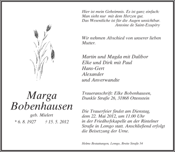 Anzeige  Marga Bobenhausen  Lippische Landes-Zeitung