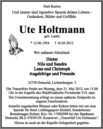 Anzeige  Ute Holtmann  Lippische Landes-Zeitung