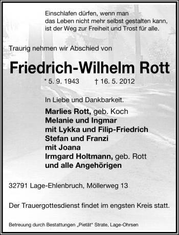 Anzeige  Friedrich-Wilhelm Rott  Lippische Landes-Zeitung